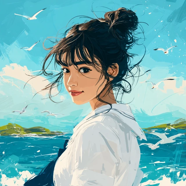 Young Woman by the Sea Hand Drawn Illustration