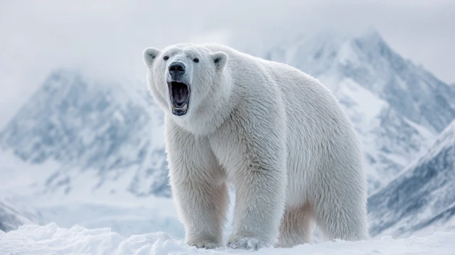 Roaring Polar Bear in Snowy Mountains