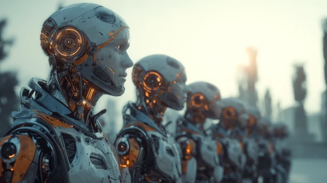 Futuristic Android Army Threatening Humans