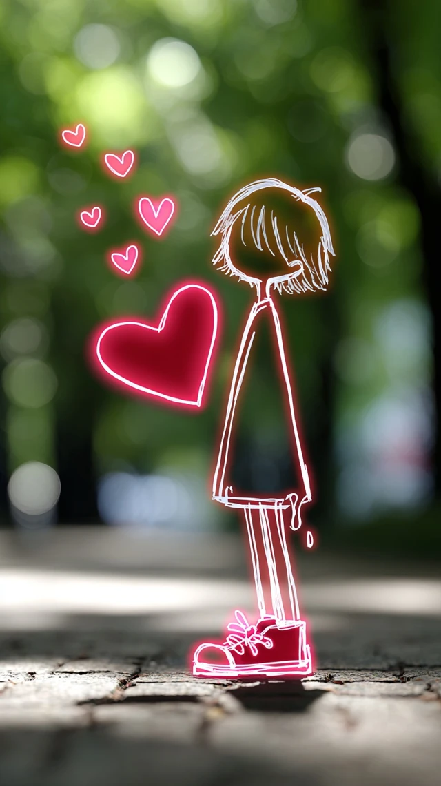 Glowing Neon Girl with Pink Heart Summer Park