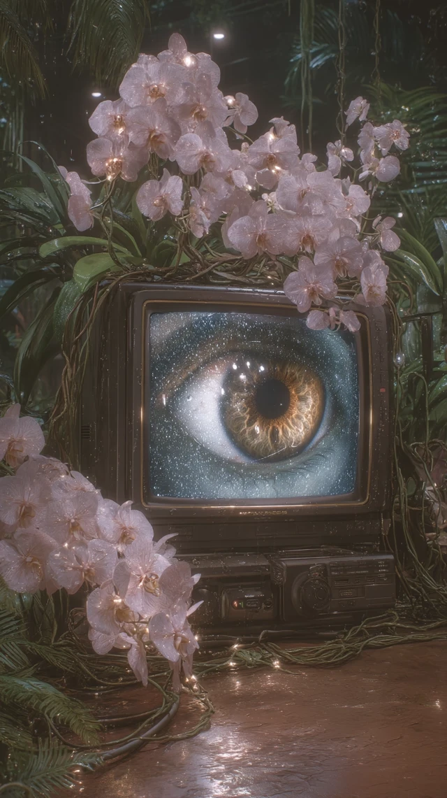Surreal CRT TVs with Orchids: Dreamlike Analog Glitch