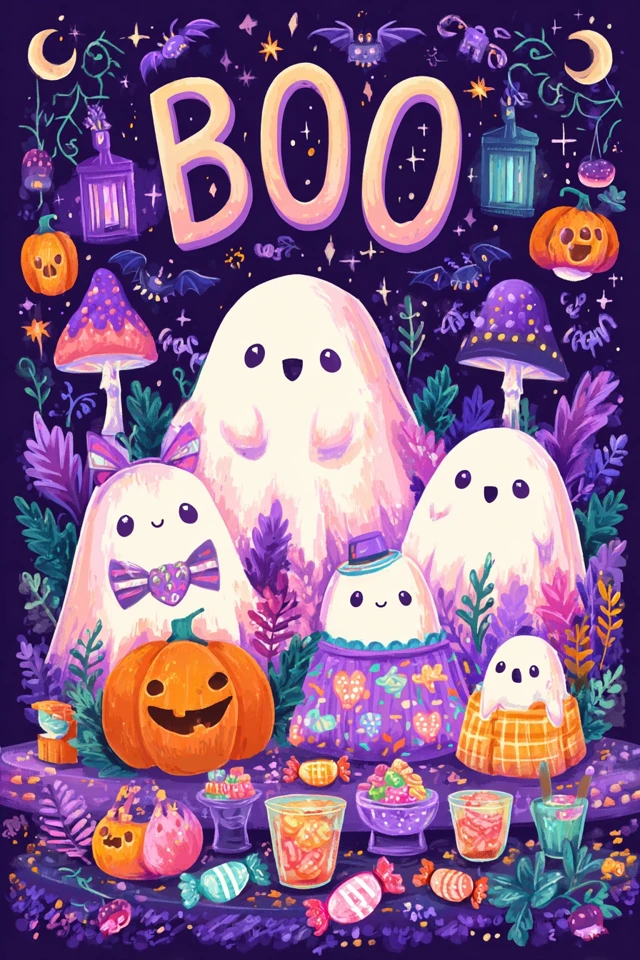 Cute Halloween Boo Scene Ghosts Pumpkins and Candy