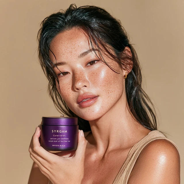 Asian Woman with Glowing Skin and Skincare Product