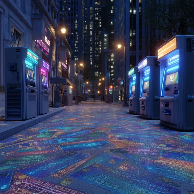 Neon Lit City Street with ATMs Futuristic Scene