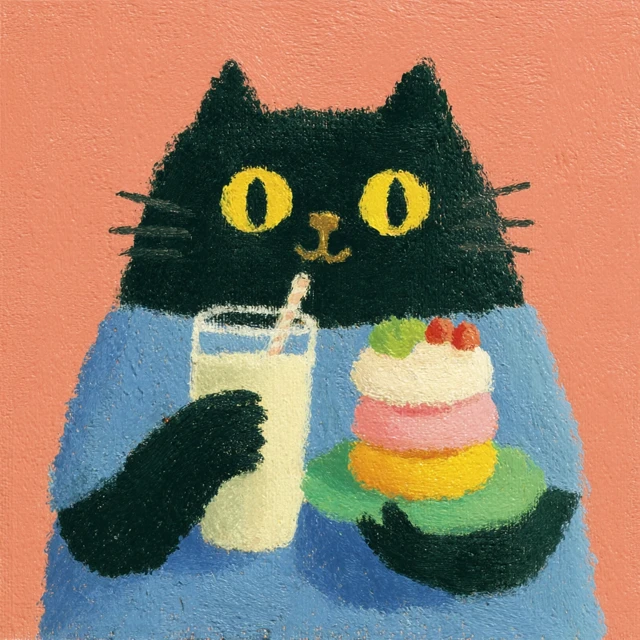Cute Cat with Cake Drinking Milk Tea