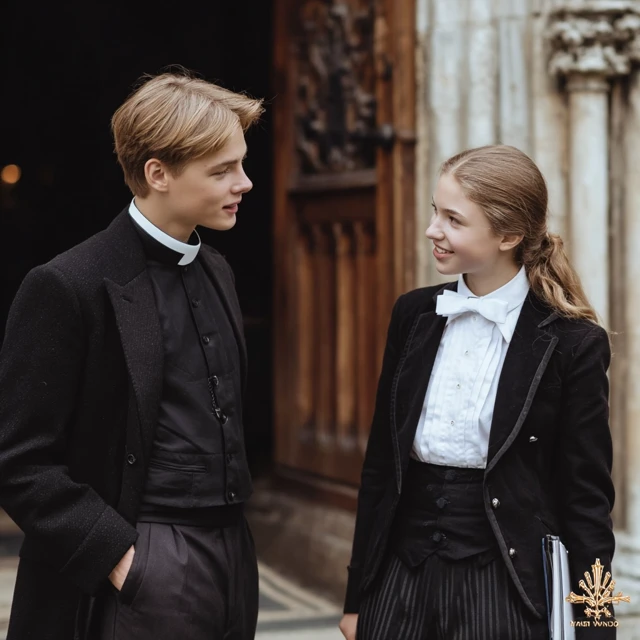 Priest and Student Conversation in Front of a Church