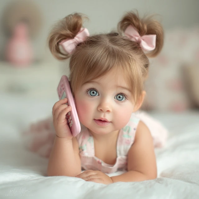 Cute Baby Girl Portrait On Phone