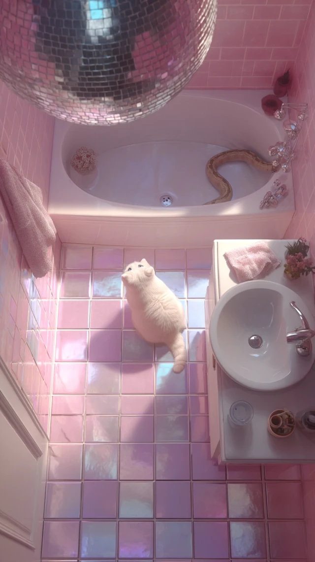 Scottish Fold Cat in Pastel Bathroom with Disco Ball