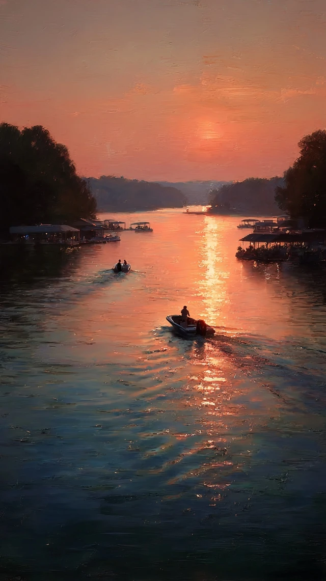 Lake Lanier Sunset Boats Glowing Water Scenic
