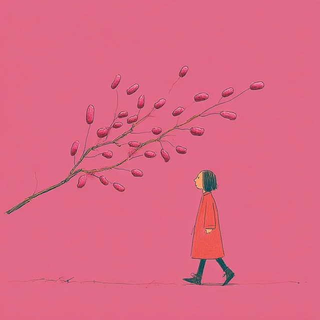 Pink Peanut Candies and Twiggy Branch Illustration