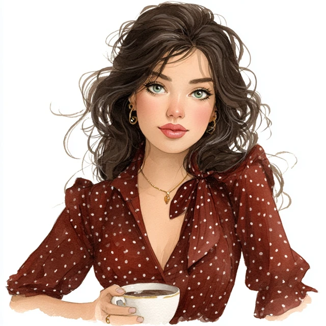 Watercolor Portrait of a European Girl with Coffee