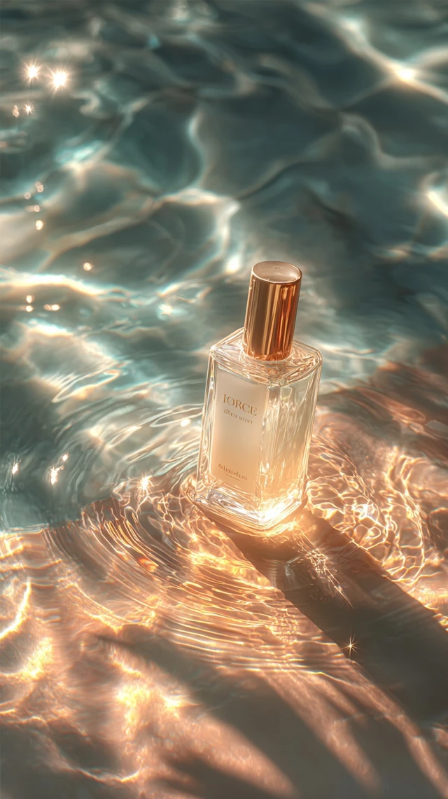 Elegant Body Lotion Bottle on Water Golden Hour