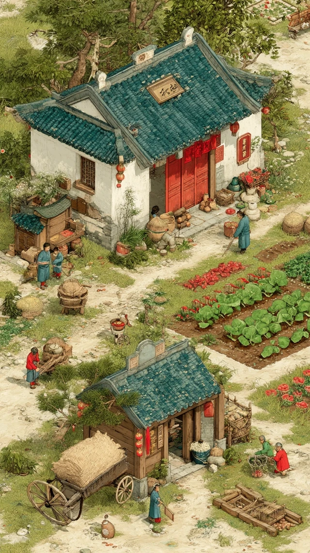 Chinese Farm Scene: Colorful Illustration