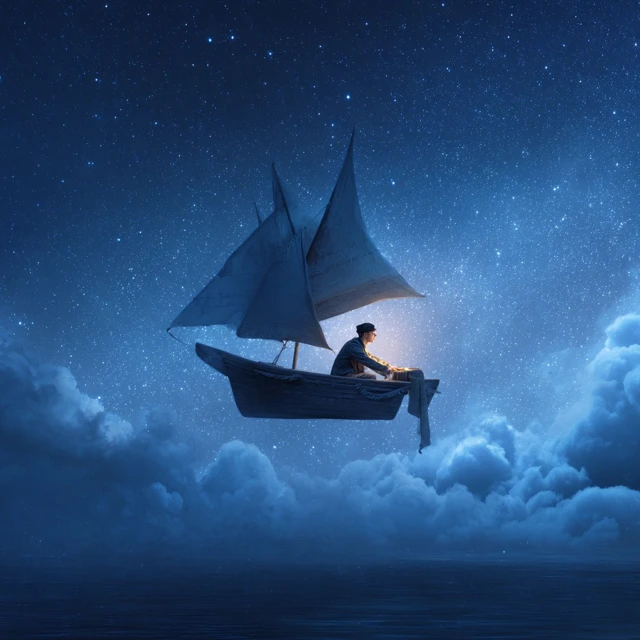 Man Flies in Night Sky on Boat Adventure