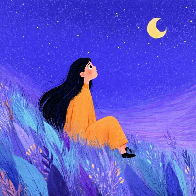 Girl Star Gazing Moon Illustration