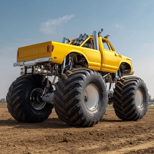 Yellow Monster Truck Rear View Against Blue Sky