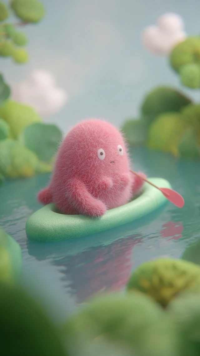 Cute Pink Monster Kayaking in Dreamy Lake
