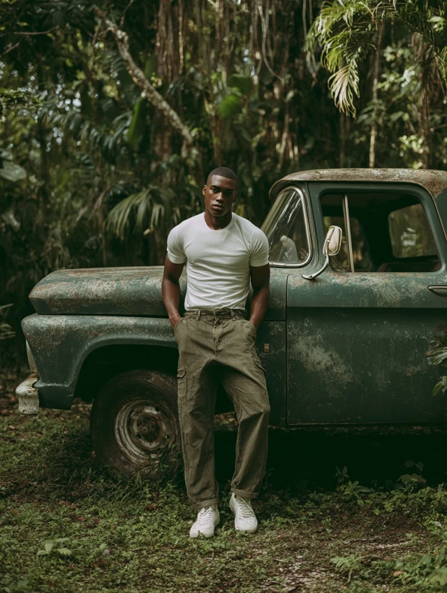 Black Male Model in Cuban Jungle Vintage Truck