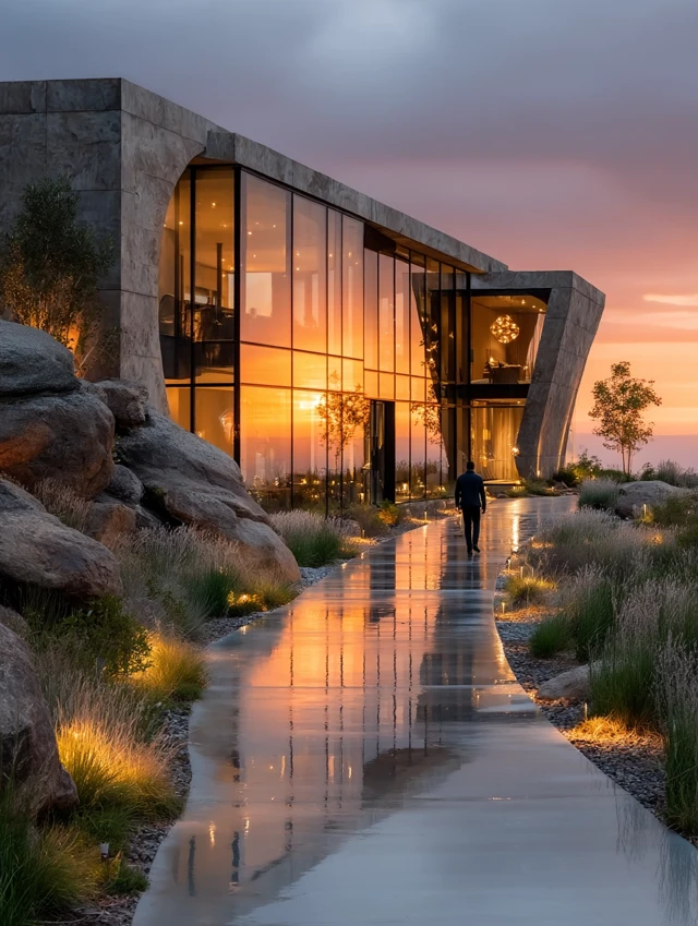 Modern Villa Sunset Reflection Architecture Photo