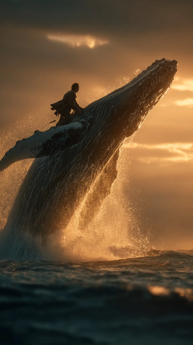 Whale Rider Man Leaping From Ocean Sunset