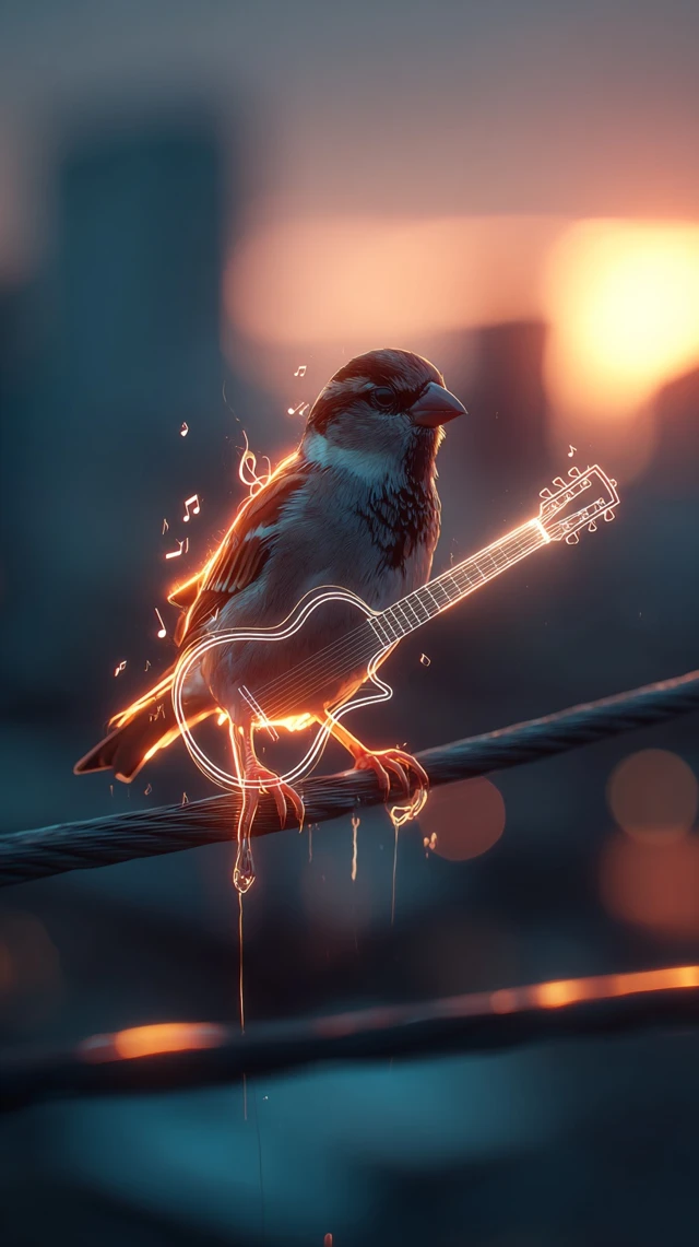 Musical Sparrow Glowing Line Art Illustration