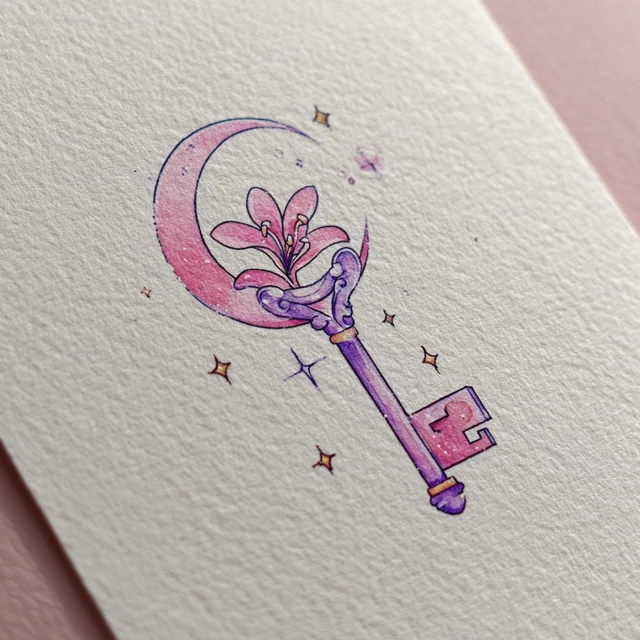 Cute Magical Key Moon Flower Cartoon Tattoo Design