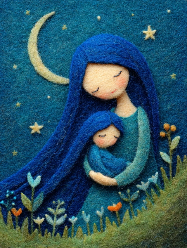 Angelic Mother and Child Wool Felt Art in Pastel Dream