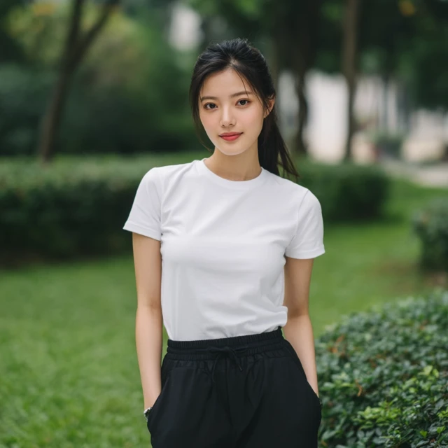 Elegant Chinese Lady in White TShirt Fashion Photo
