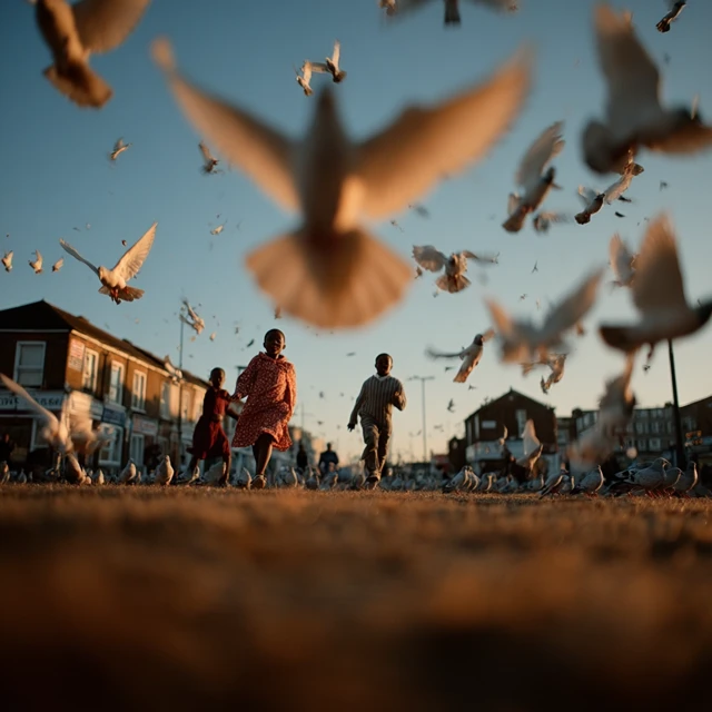 London Street Scene: Children Chasing Pigeons