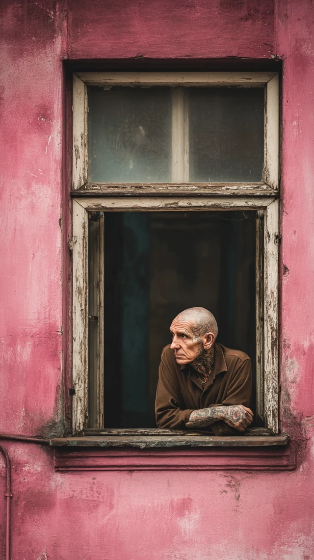 Tattooed Man at Window Old Building Pink Colors
