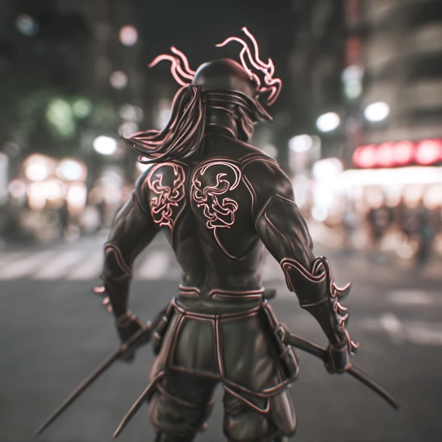 Cyberpunk Samurai in Japan Street Realistic 3D Render