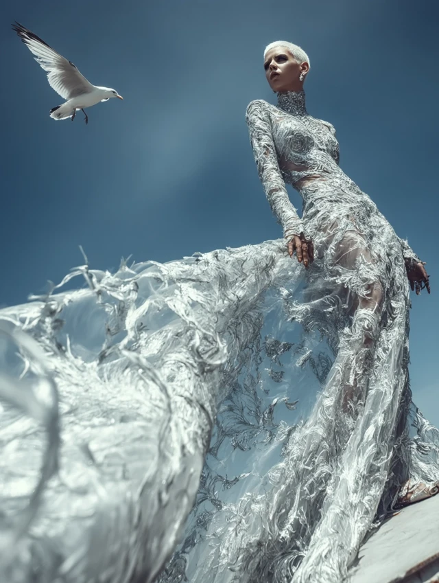 Fashion Editorial Model in Lace Dress with Bird