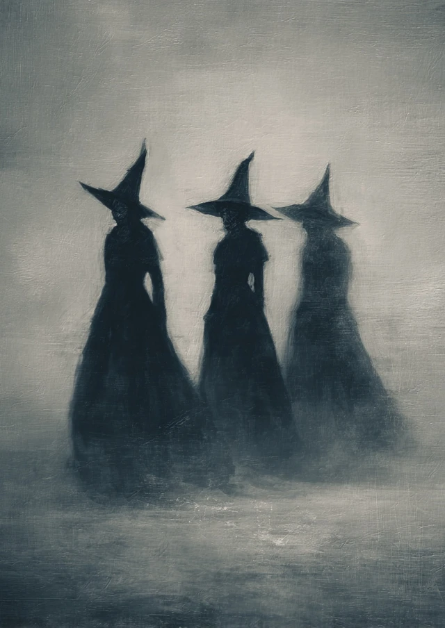 Three Witches in Fog Moody Oil Painting
