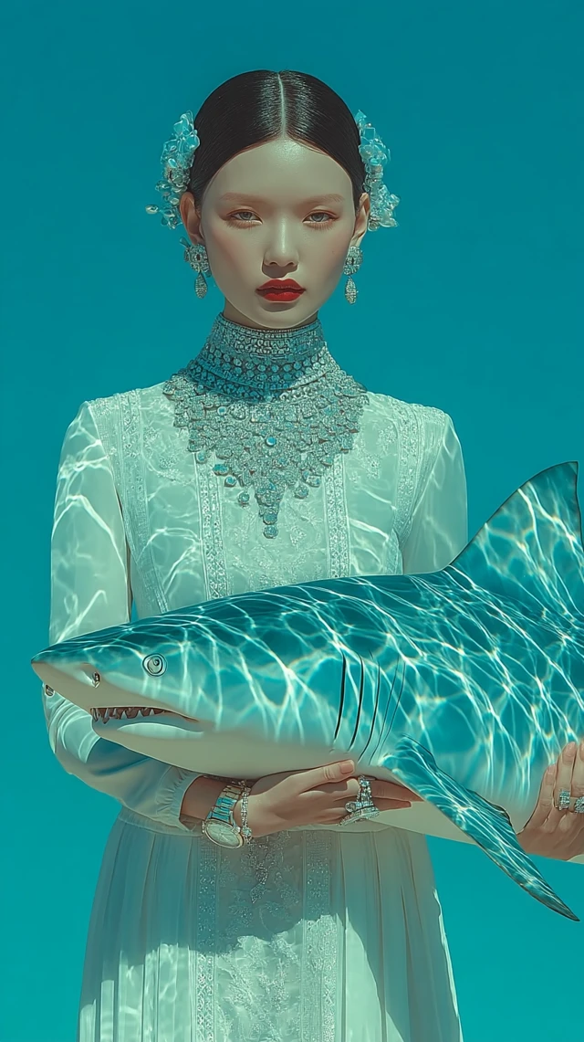 Korean Lady with Shark: Fashion, Luxury, Surreal 3D Art