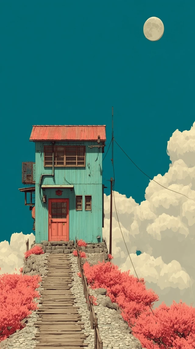 Ghibli Style House and Moon Illustration