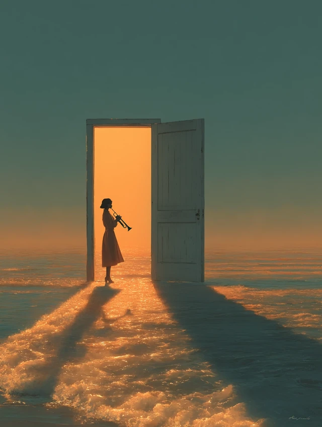 Woman Plays Trumpet at Open Door in Golden Light