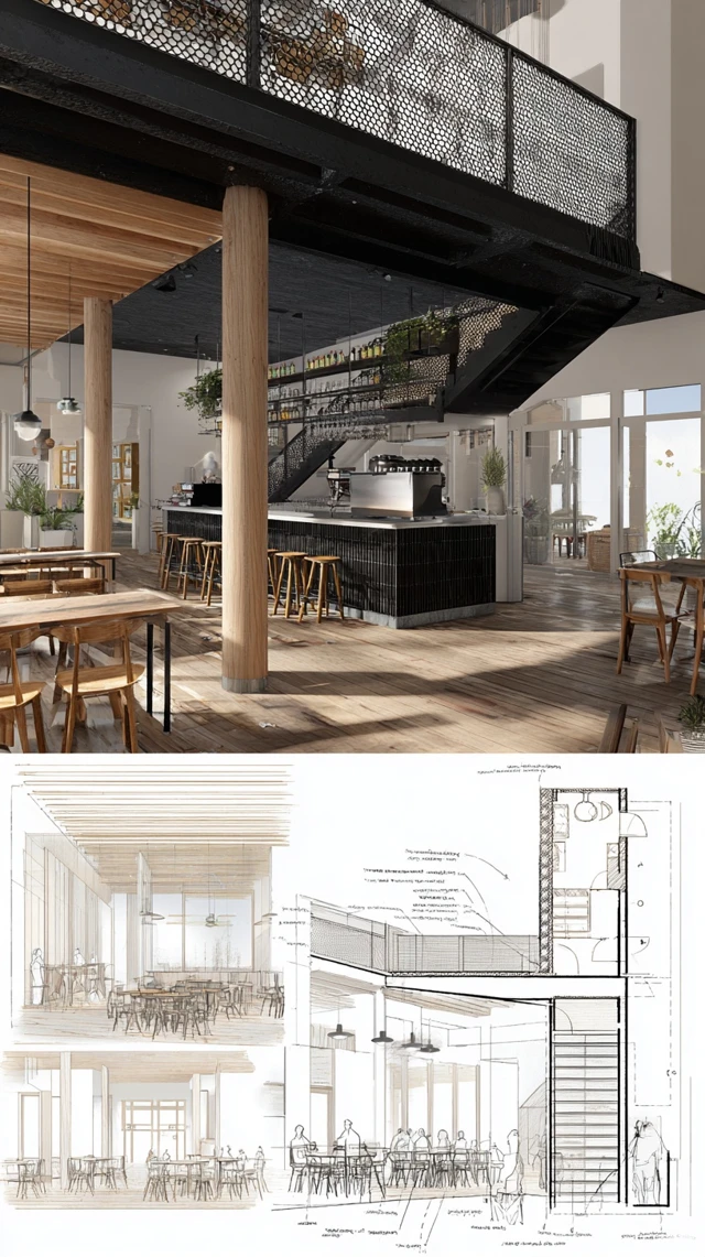 Modern Industrial Cafe Interior Design Drawing