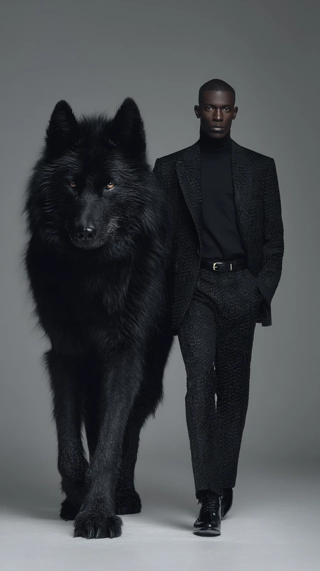Man and Wolf in Black Balenciaga: Hyperrealistic Portrait