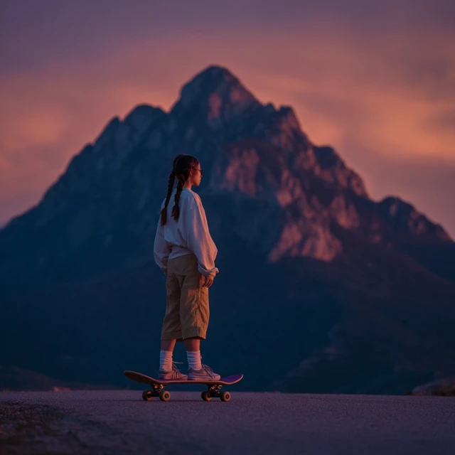 Teenage Girl with Skateboard in the Mountains