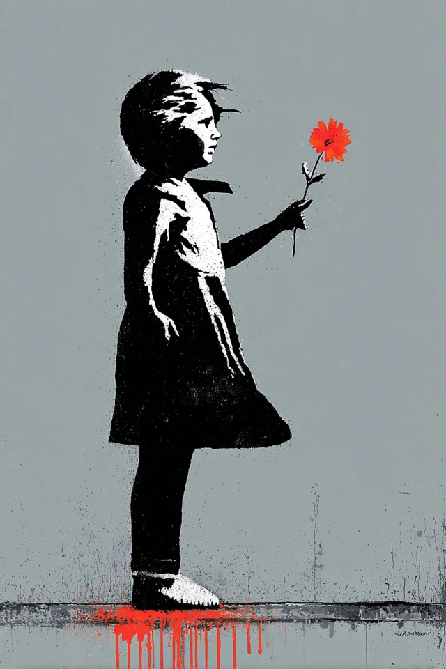 Banksy Inspired Girl with Red Flower Art