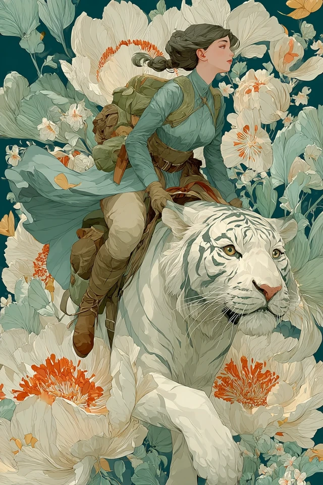 Woman on White Tiger Fantasy Illustration