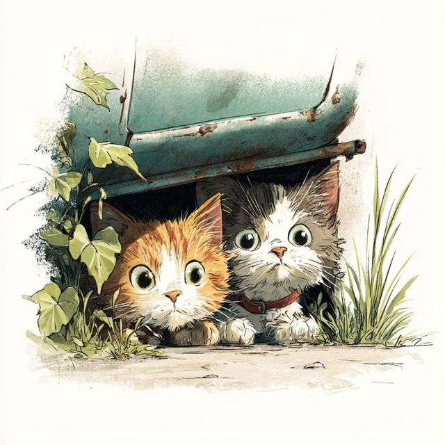 Cute Kittens Hiding Under a Car Hand Painted