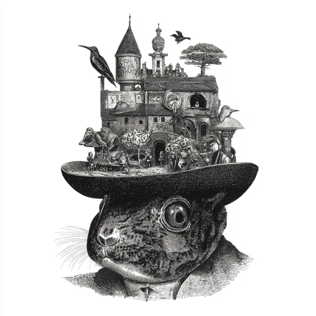 Surreal Engraved Illustration Head and Castle