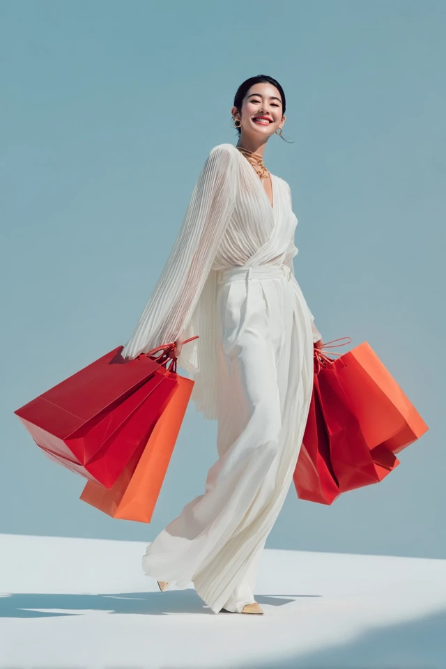 Asian Woman in White Fashion with Shopping Bags