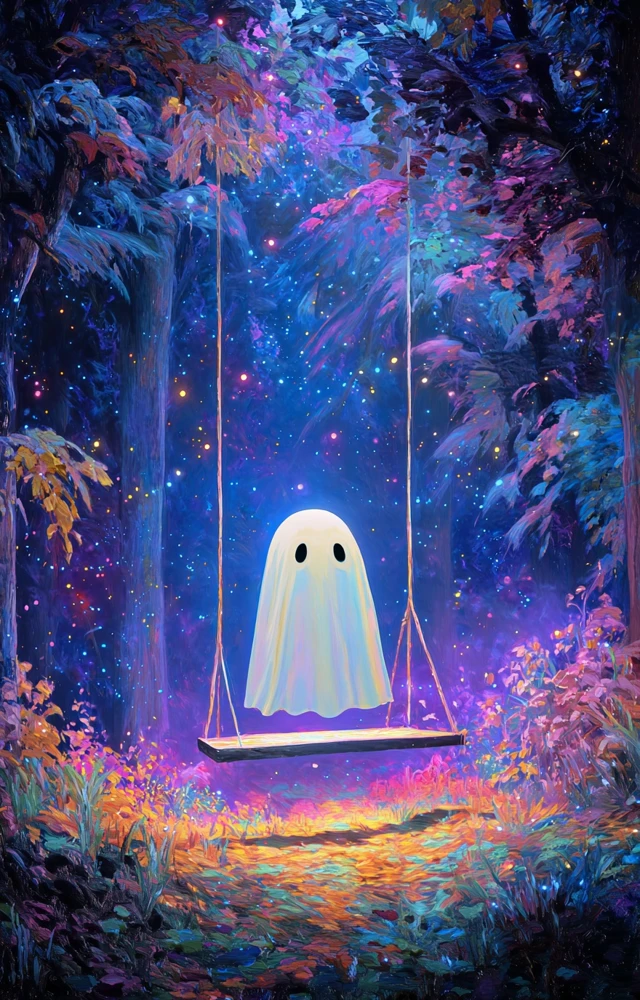 Cute Ghost on a Swing Fantasy Artwork