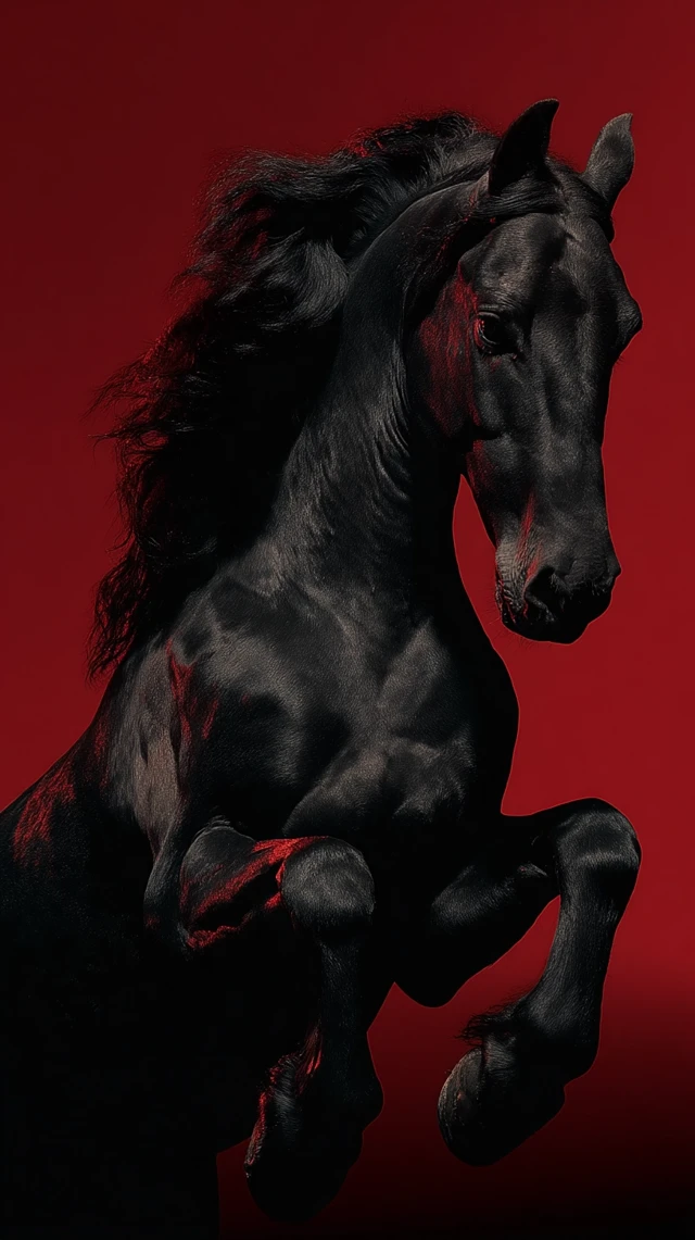 Black Horse Leaping Portrait on Red Background