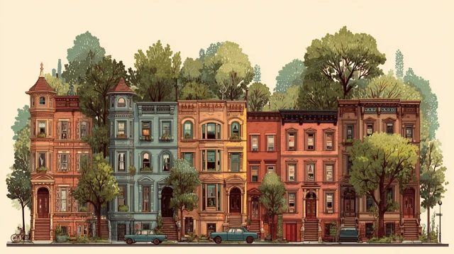 Wes Anderson Brownstones on Tree-Lined Street