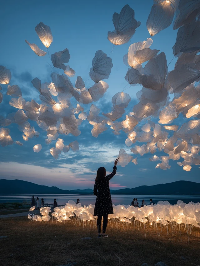 Glowing Petals Art Installation by Lakeside