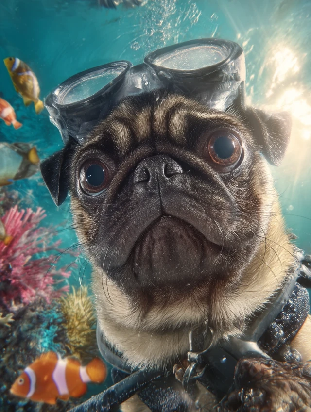 Underwater Pug Portrait Scuba Diving Adventure