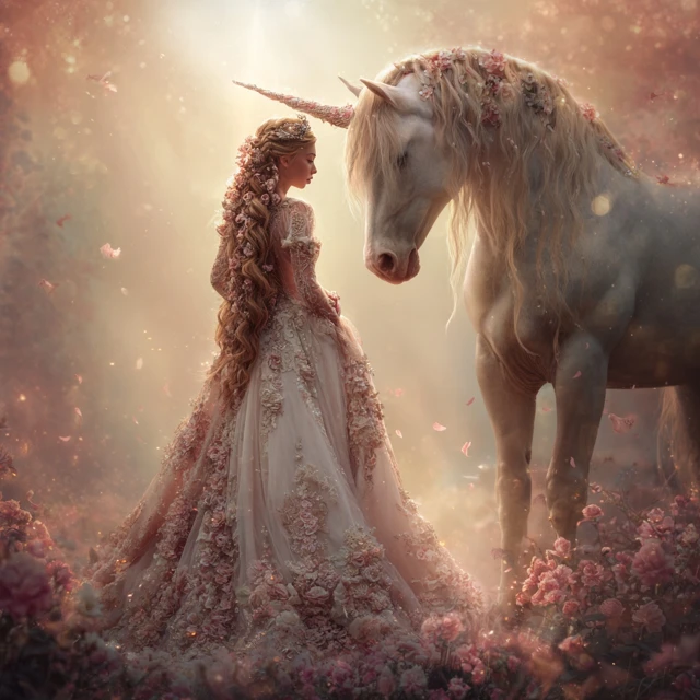 Woman and Unicorn in a Magical Meadow